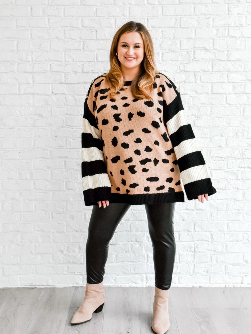 entro Beige Leopard-Print Crewneck Sweater with Black & White Striped Sleeves